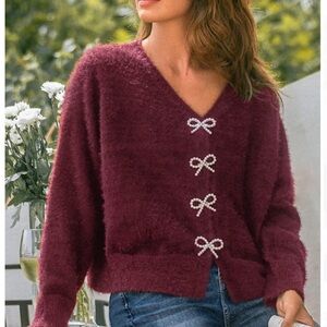 Cupshe Cranberry Cardigan with Bow Details